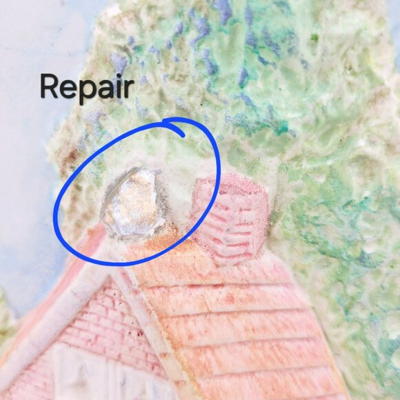 Vintage Chalkware Hand-Painted Ceramic 3D Wall Plate Cottage on River & Bridge - Picture 7 of 9